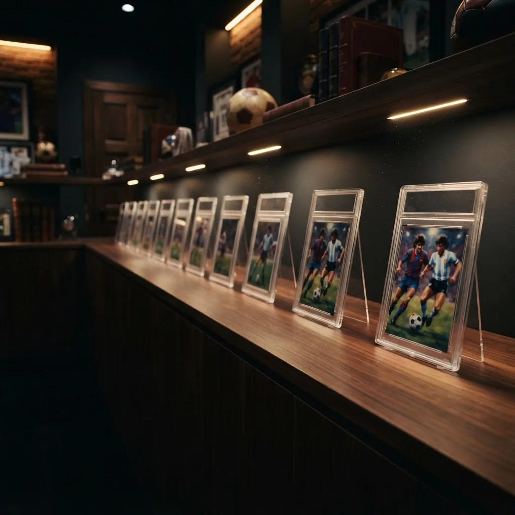 Graded football cards in slab cases displayed under warm spotlights in a dark private museum